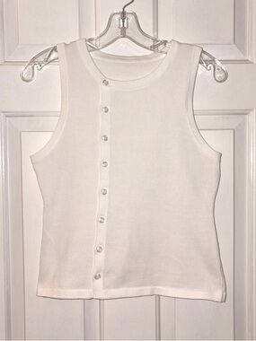 Sleeveless Button-Front Knit Tank Top in White